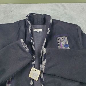 Womens Open Front Wool Cardigan Sweater Sz M Black Tribal Long Sleeve Chore Coat